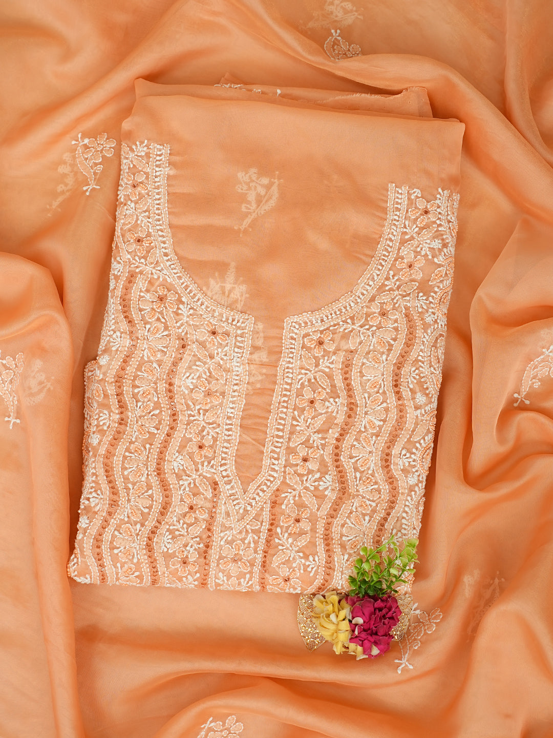 Ada Hand Embroidered Peach Organza Lucknowi Chikankari Unstitched Kurta Dupatta Set With Sequinned Work 01A995063