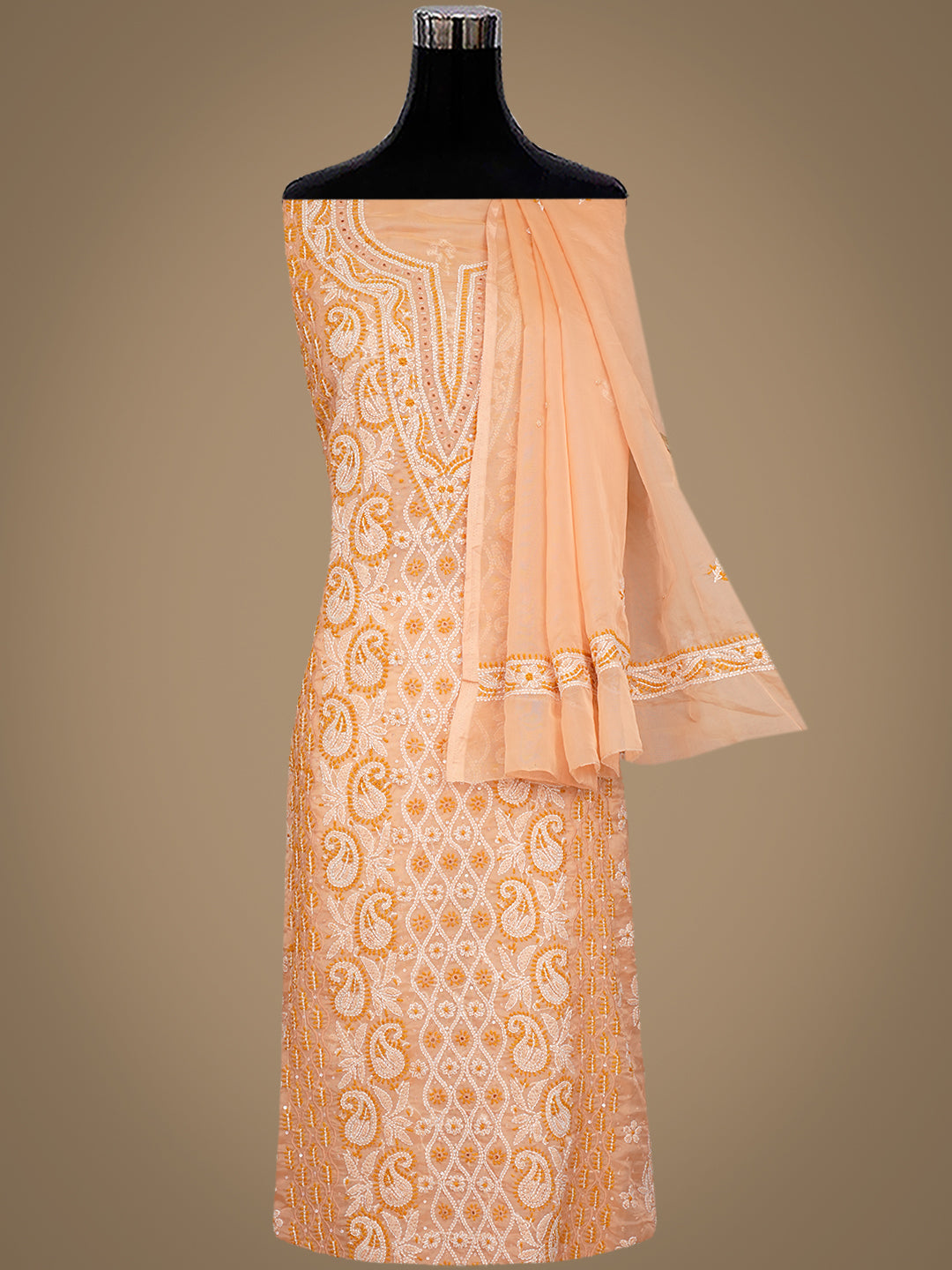 Ada Hand Embroidered Peach Organza Unstitched Lucknowi Chikankari Kurta Dupatta Set With Pearl Work 01A1003624