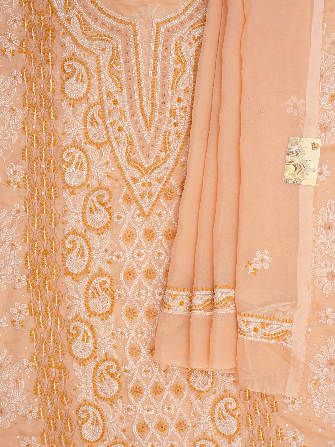 Ada Hand Embroidered Peach Organza Unstitched Lucknowi Chikankari Kurta Dupatta Set With Pearl Work 01A1003624