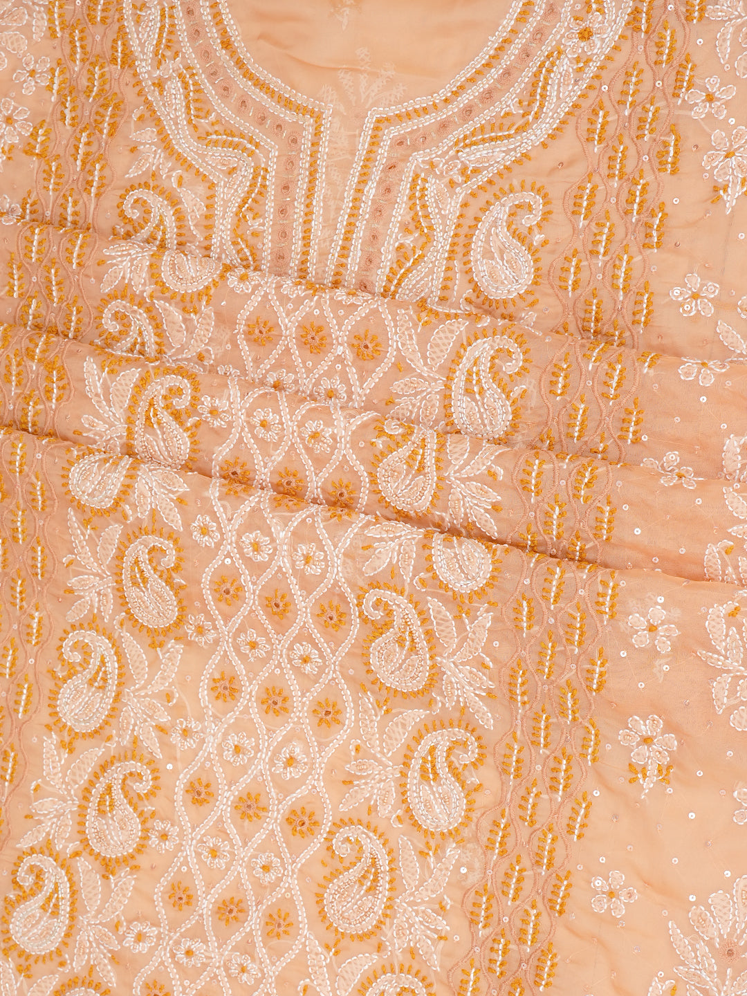 Ada Hand Embroidered Peach Organza Unstitched Lucknowi Chikankari Kurta Dupatta Set With Pearl Work 01A1003624