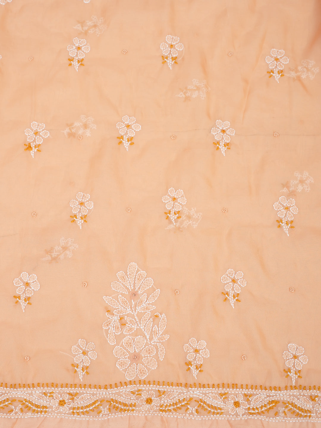 Ada Hand Embroidered Peach Organza Unstitched Lucknowi Chikankari Kurta Dupatta Set With Pearl Work 01A1003624