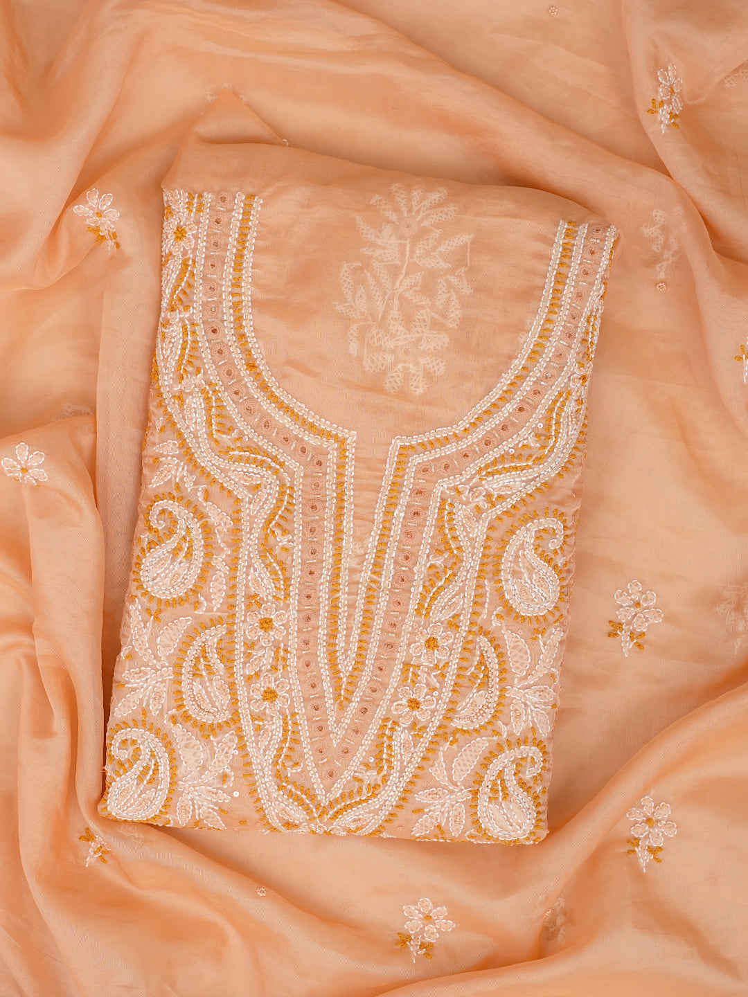 Ada Hand Embroidered Peach Organza Unstitched Lucknowi Chikankari Kurta Dupatta Set With Pearl Work 01A1003624