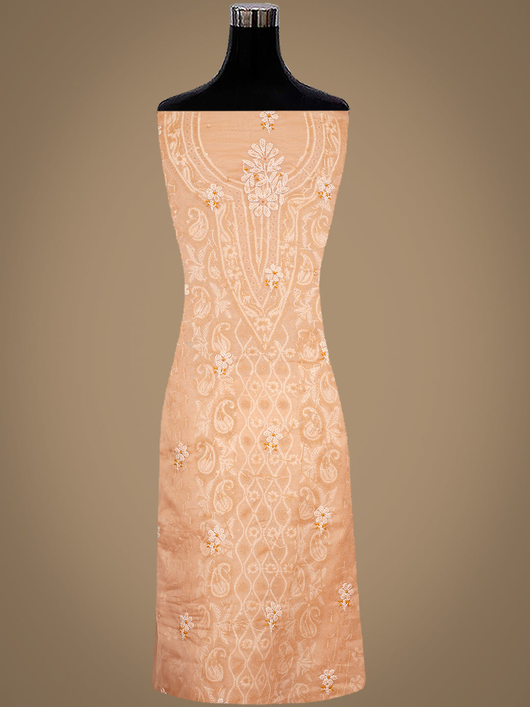Ada Hand Embroidered Peach Organza Unstitched Lucknowi Chikankari Kurta Dupatta Set With Pearl Work 01A1003624