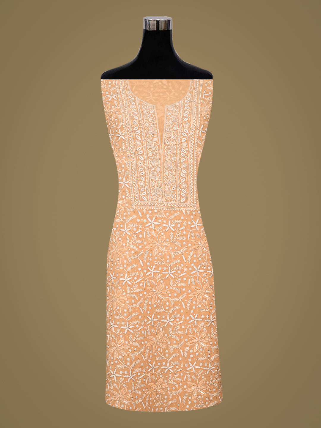 Ada Hand Embroidered Peach Pure Georgette Lucknowi Chikankari Unstitched Kurta Dupatta Set With Sequinned Work 01A955575