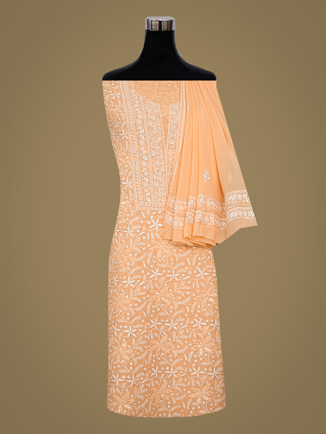 Ada Hand Embroidered Peach Pure Georgette Lucknowi Chikankari Unstitched Kurta Dupatta Set With Sequinned Work 01A955575