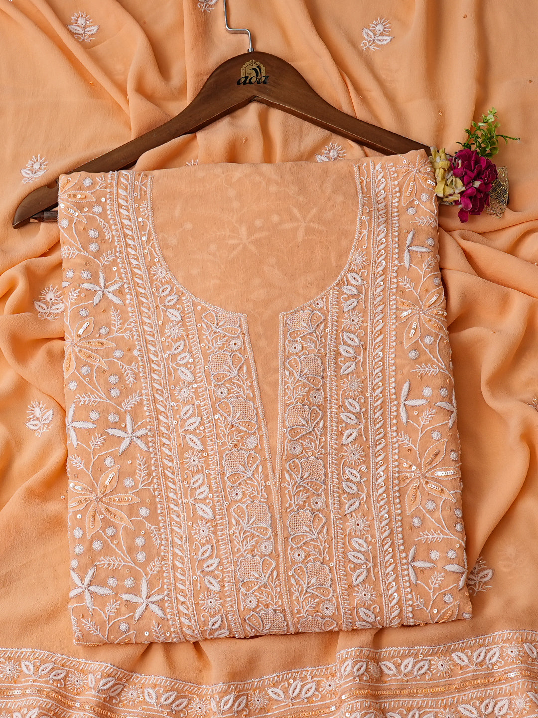 Ada Hand Embroidered Peach Pure Georgette Lucknowi Chikankari Unstitched Kurta Dupatta Set With Sequinned Work 01A955575