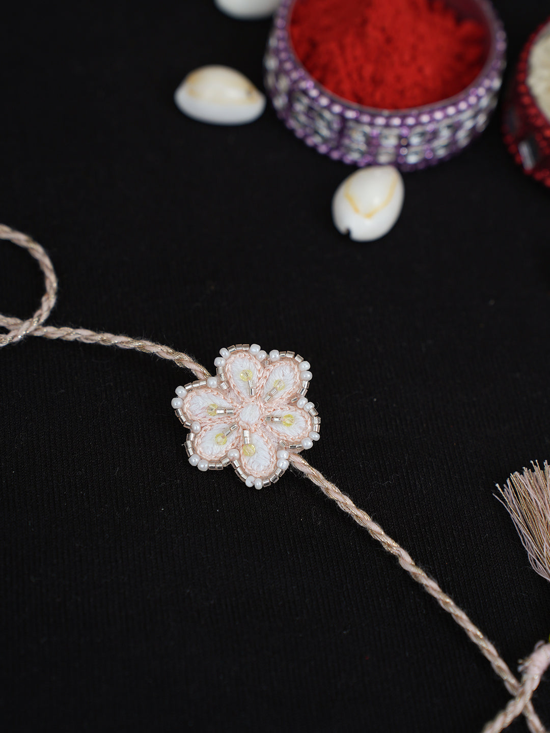 Ada Hand Embroidered Peach Pure Georgette Raksha Sutra Rakhi with Cutdana Work 01A854141