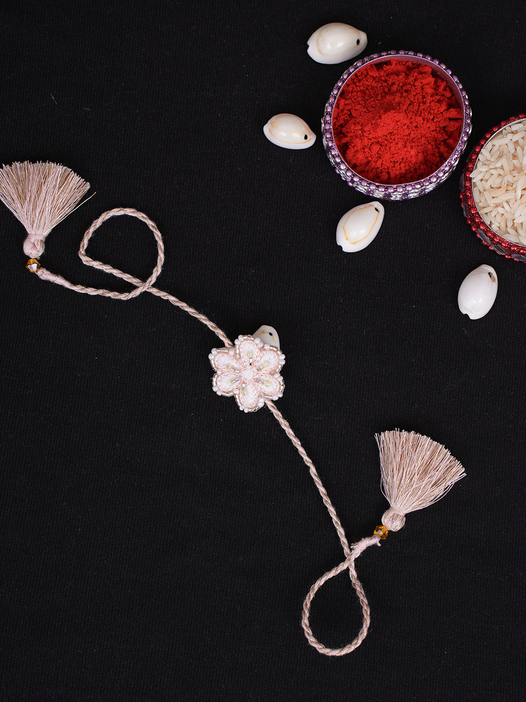 Ada Hand Embroidered Peach Pure Georgette Raksha Sutra Rakhi with Cutdana Work 01A854141