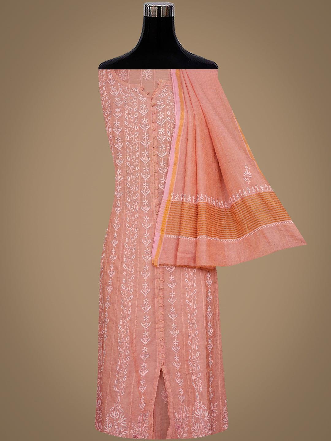 Ada Hand Embroidered Peach Tissue Lucknowi Chikankari Semi-stitched Kurta Dupatta set 01A888198