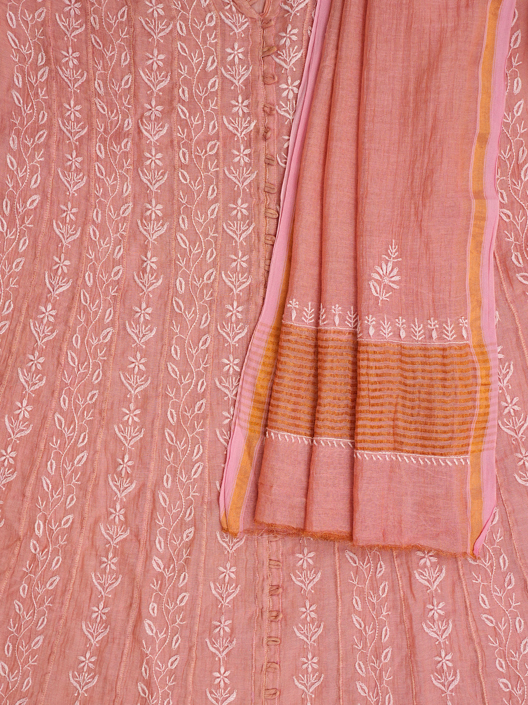 Ada Hand Embroidered Peach Tissue Lucknowi Chikankari Semi-stitched Kurta Dupatta set 01A888198