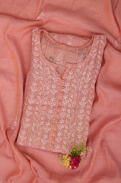 Ada Hand Embroidered Peach Tissue Lucknowi Chikankari Semi-stitched Kurta Dupatta set 01A888198