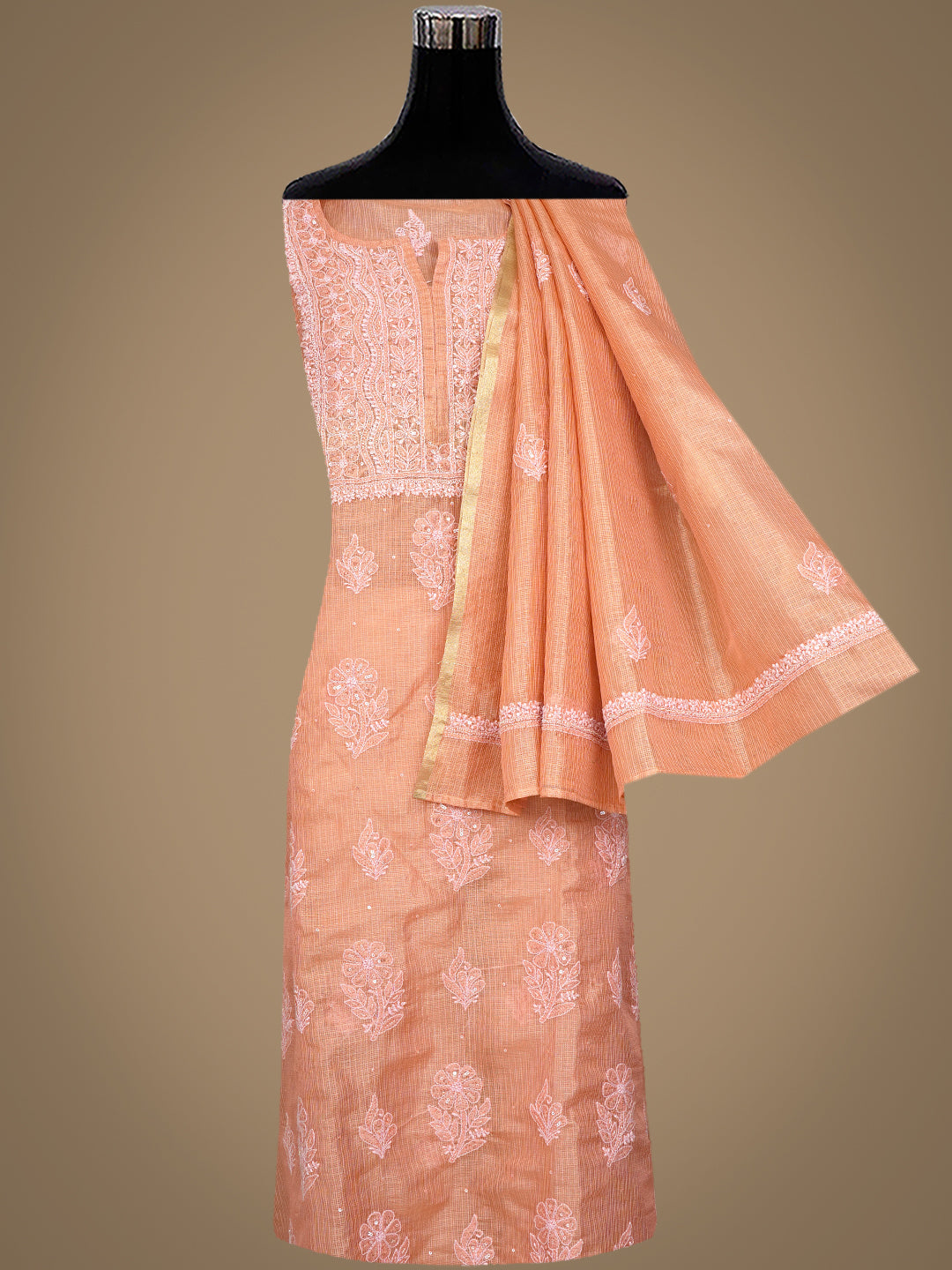 Ada Hand Embroidered Peach Tissue Lucknowi Chikankari Semi Unstitched Kurta Dupatta set with Sequinned Work 01A736036