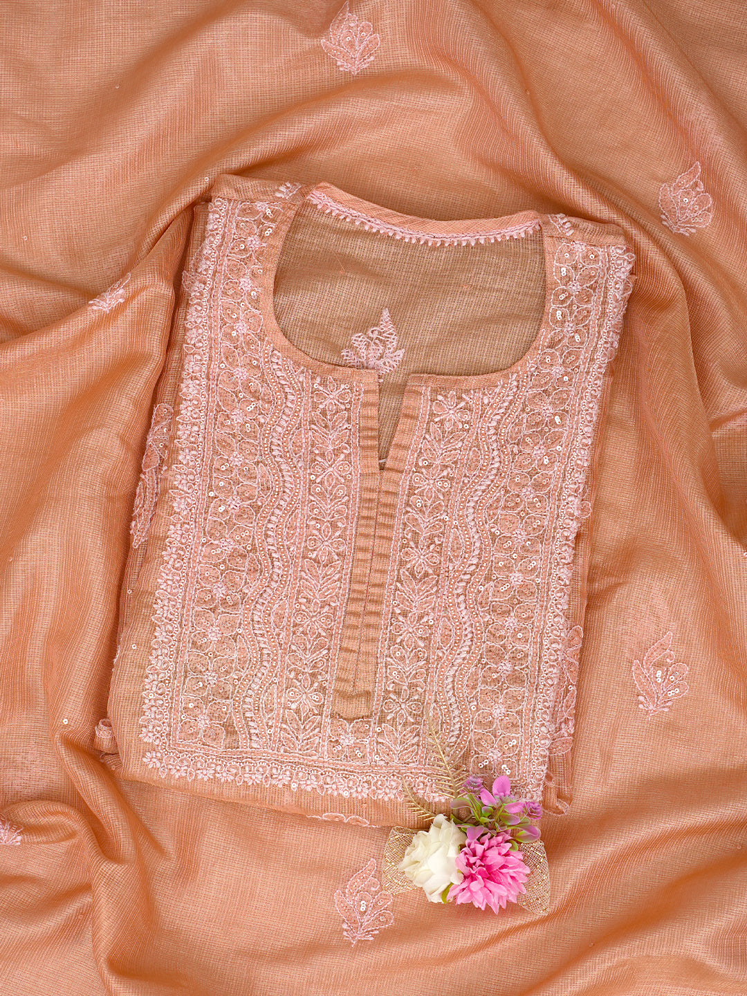 Ada Hand Embroidered Peach Tissue Lucknowi Chikankari Semi Unstitched Kurta Dupatta set with Sequinned Work 01A736036