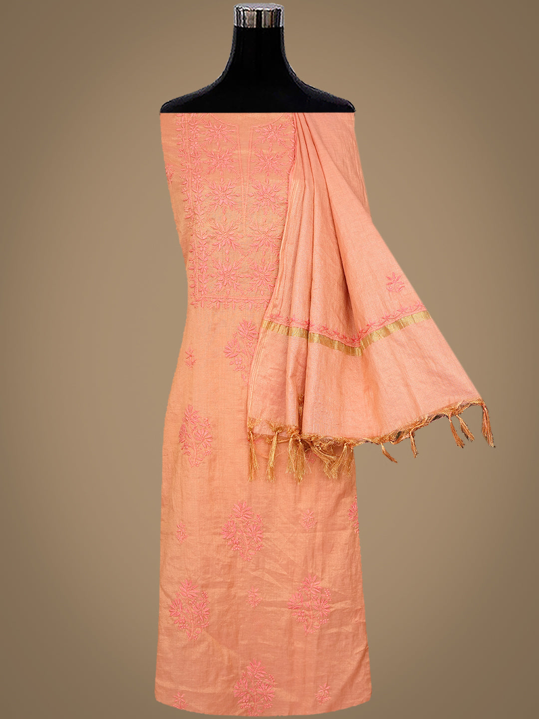 Ada Hand Embroidered Peach Tissue Lucknowi Chikankari Unstitched Kurta Dupatta Set 01A779536
