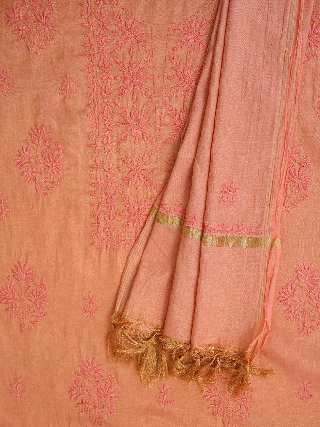 Ada Hand Embroidered Peach Tissue Lucknowi Chikankari Unstitched Kurta Dupatta Set 01A779536