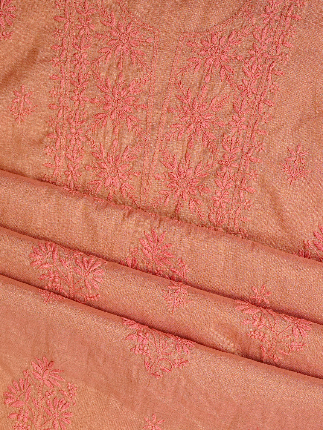 Ada Hand Embroidered Peach Tissue Lucknowi Chikankari Unstitched Kurta Dupatta Set 01A779536