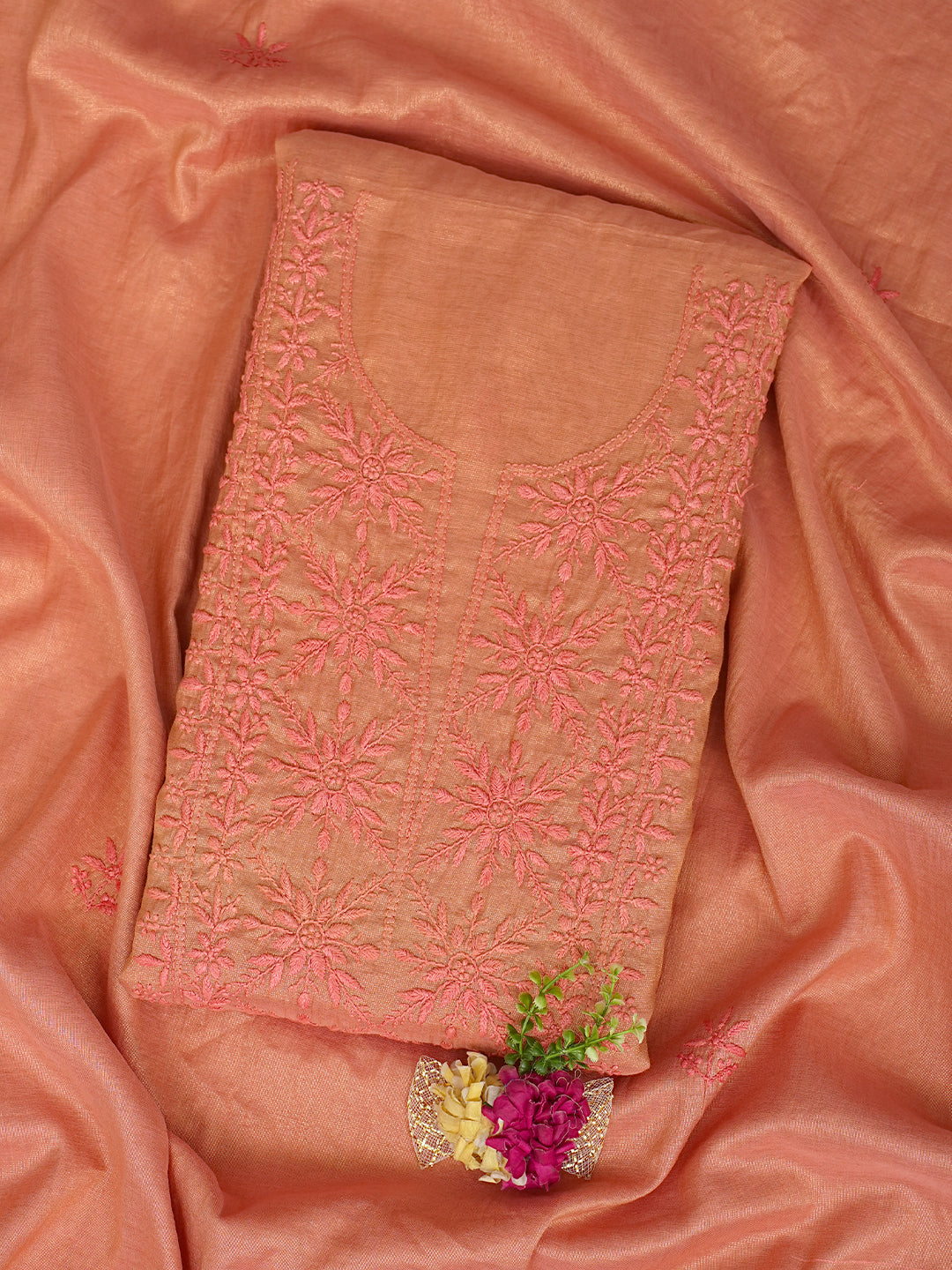Ada Hand Embroidered Peach Tissue Lucknowi Chikankari Unstitched Kurta Dupatta Set 01A779536