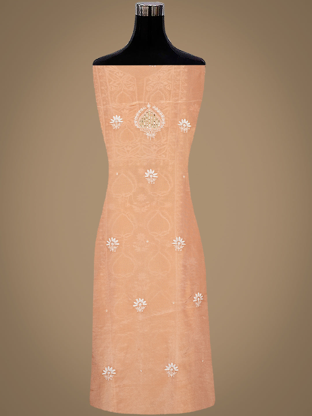 Ada Hand Embroidered Peach Tissue Lucknowi Chikankari Unstitched Kurta Dupatta Set 01A989902