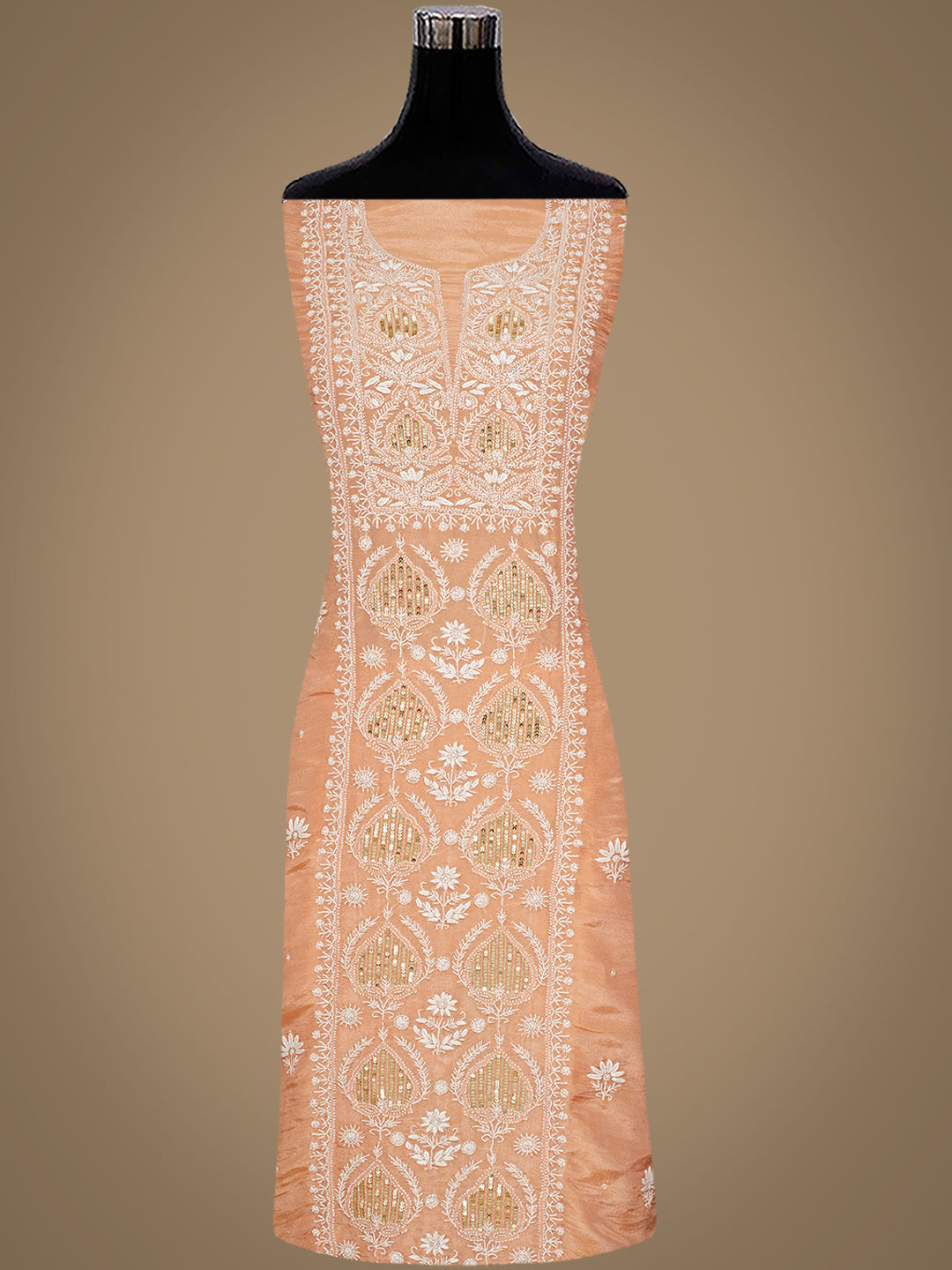 Ada Hand Embroidered Peach Tissue Lucknowi Chikankari Unstitched Kurta Dupatta Set 01A989902