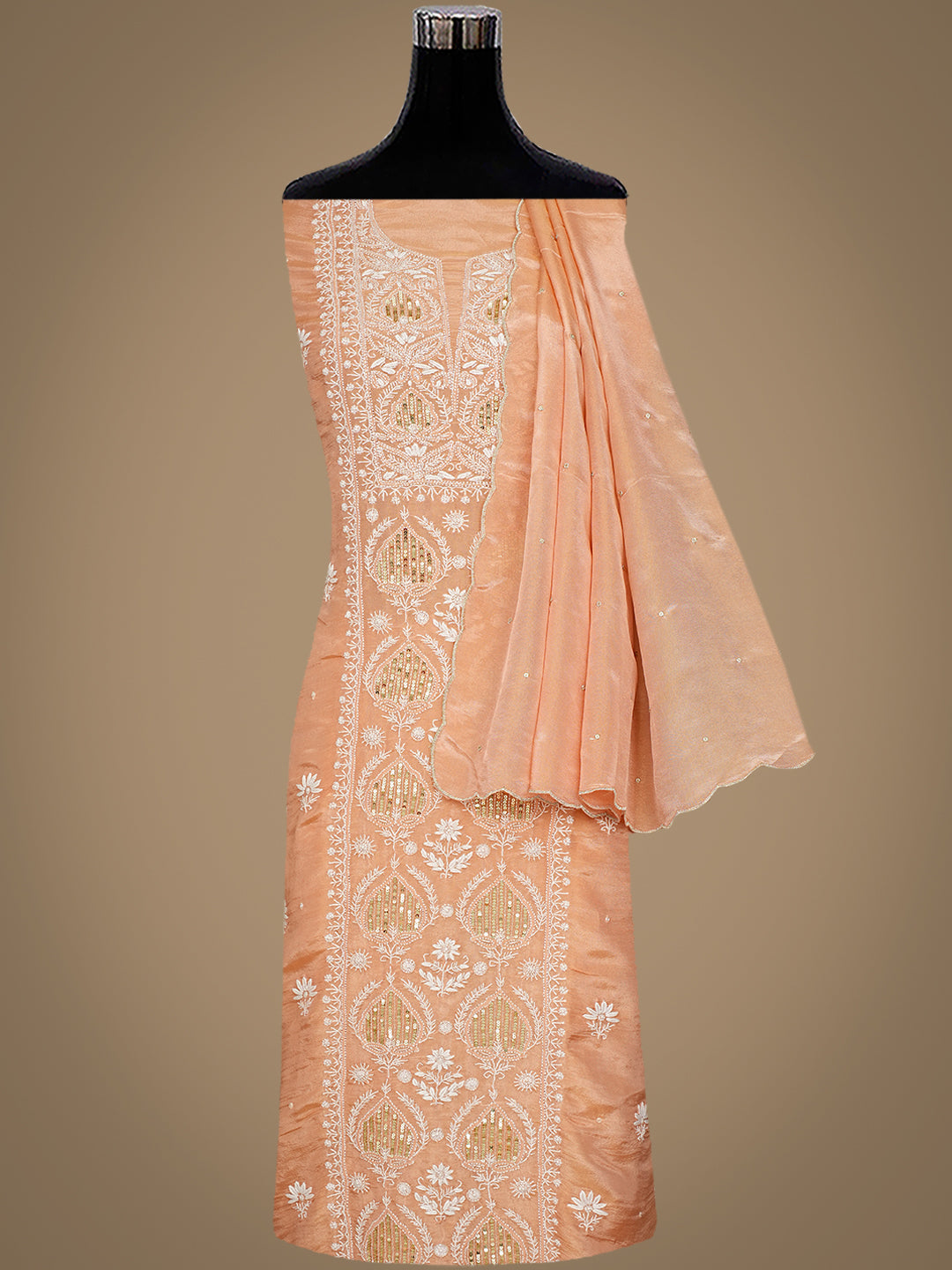 Ada Hand Embroidered Peach Tissue Lucknowi Chikankari Unstitched Kurta Dupatta Set 01A989902