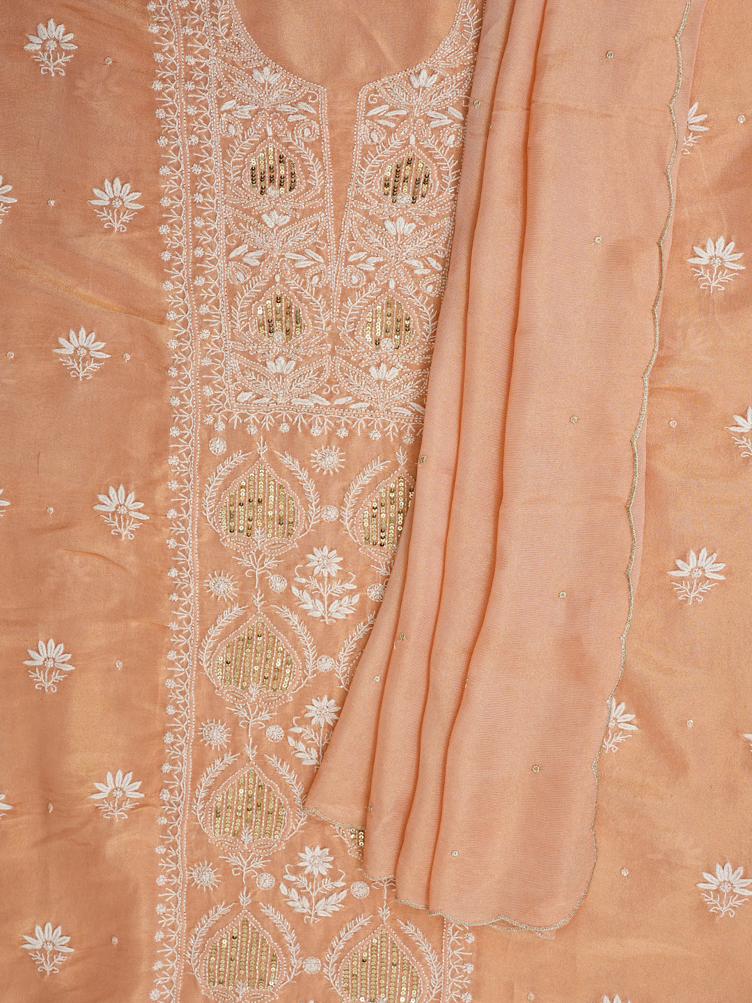 Ada Hand Embroidered Peach Tissue Lucknowi Chikankari Unstitched Kurta Dupatta Set 01A989902