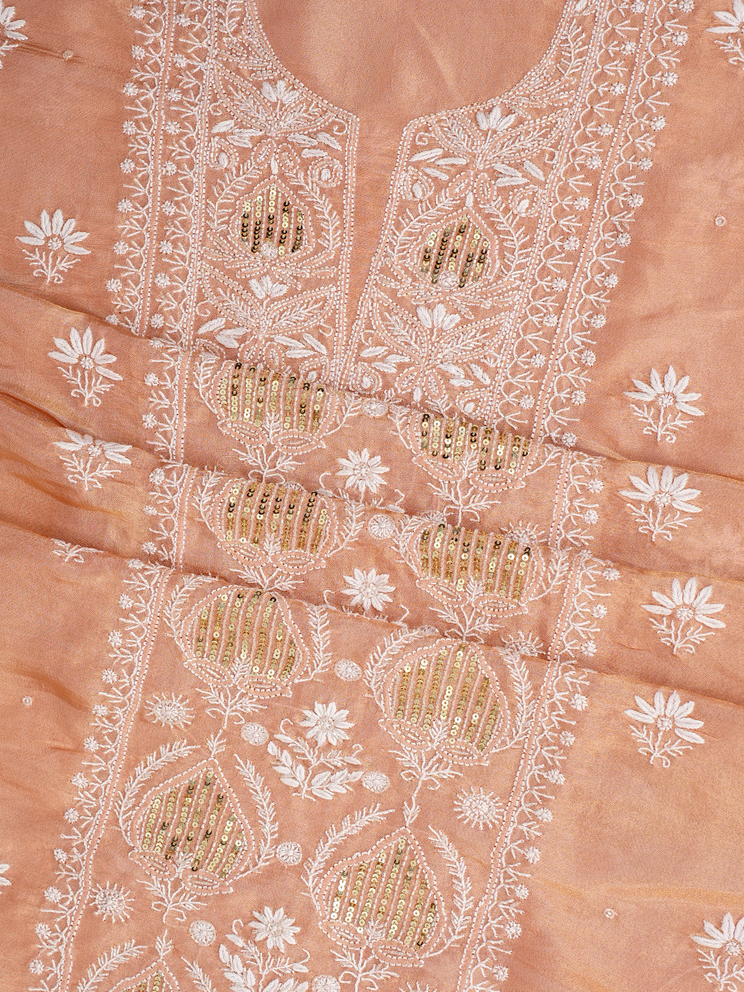 Ada Hand Embroidered Peach Tissue Lucknowi Chikankari Unstitched Kurta Dupatta Set 01A989902