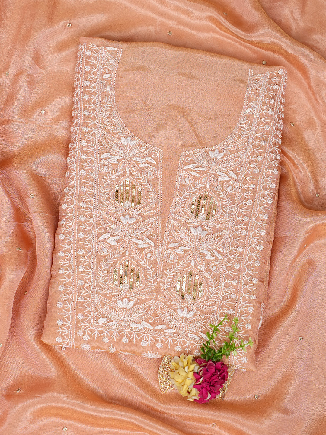 Ada Hand Embroidered Peach Tissue Lucknowi Chikankari Unstitched Kurta Dupatta Set 01A989902