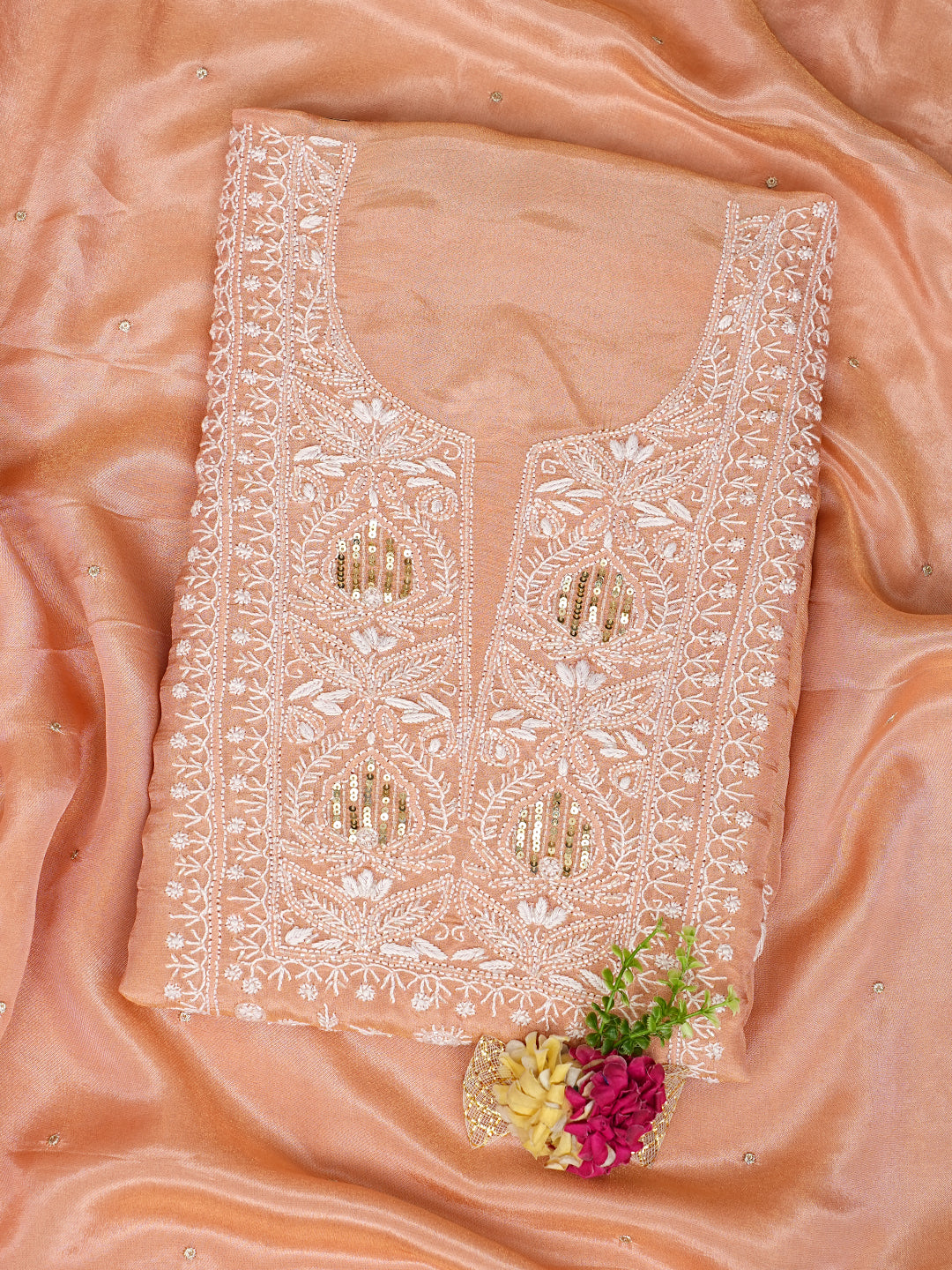 Ada Hand Embroidered Peach Tissue Lucknowi Chikankari Unstitched Kurta Dupatta Set 01A989902