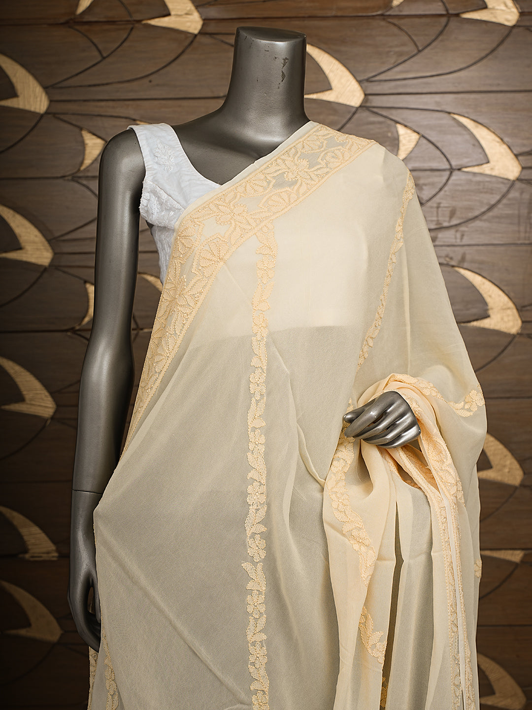 Ada Hand Embroidered Peach Viscose Georgette Lucknowi Chikankari Dupatta 01A376471_1