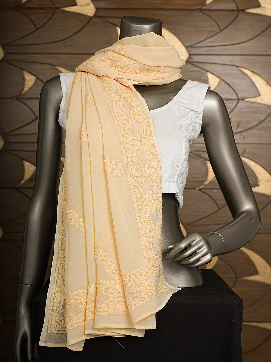 Ada Hand Embroidered Peach Viscose Georgette Lucknowi Chikankari Dupatta 01A376471_3