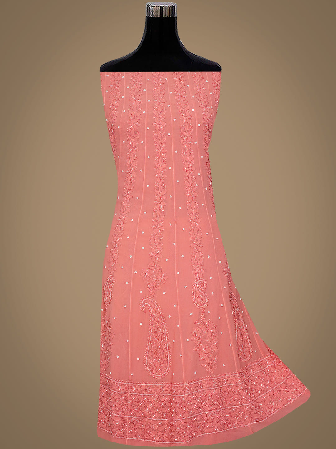 Ada Hand Embroidered Peach Viscose Georgette Lucknowi Chikankari Semi-Stitched Anarkali Kurta Dupatta Set With Pearl & Cutdana Work 01A979744