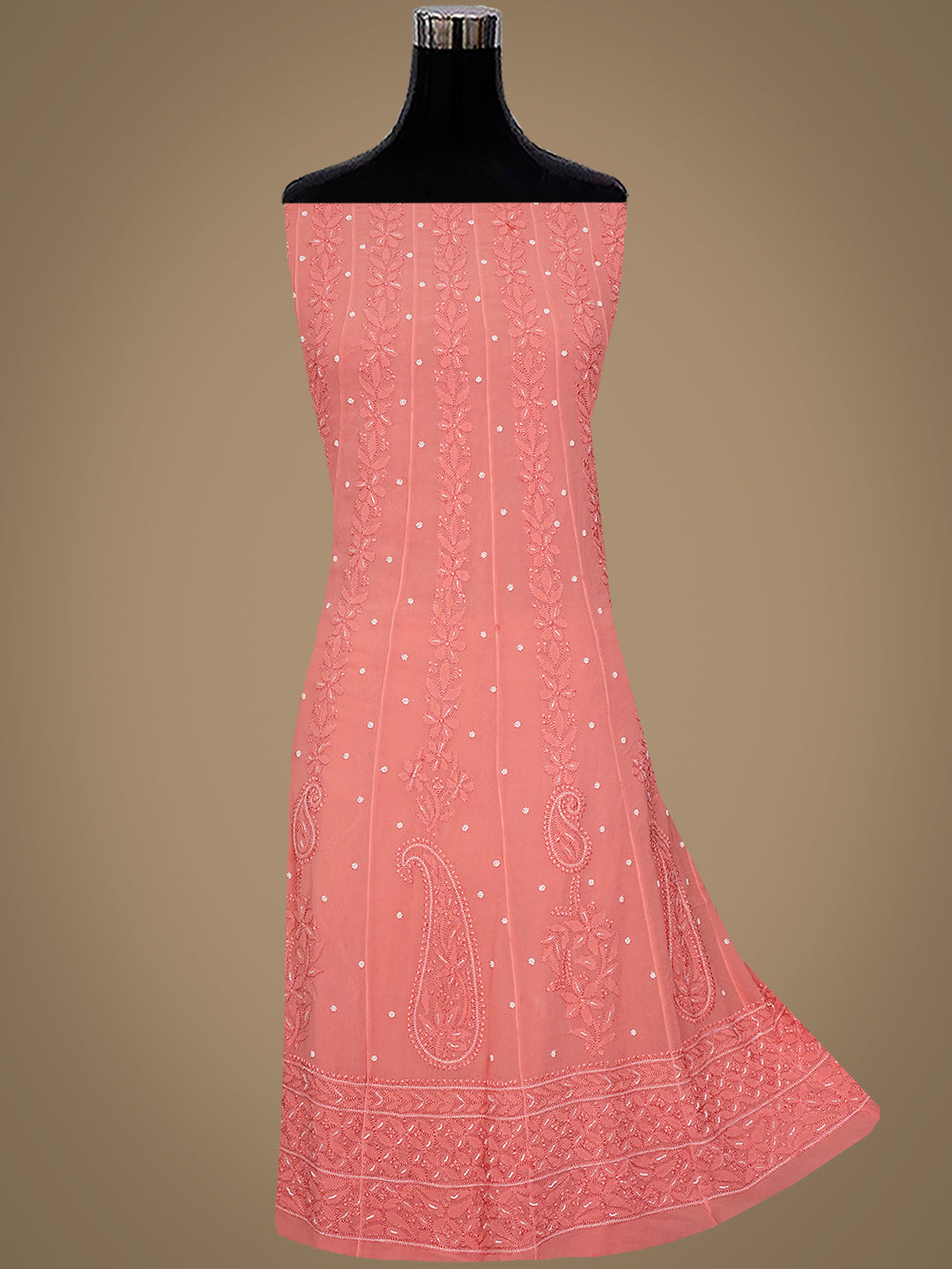 Ada Hand Embroidered Peach Viscose Georgette Lucknowi Chikankari Semi-Stitched Anarkali Kurta Dupatta Set With Pearl & Cutdana Work 01A979744