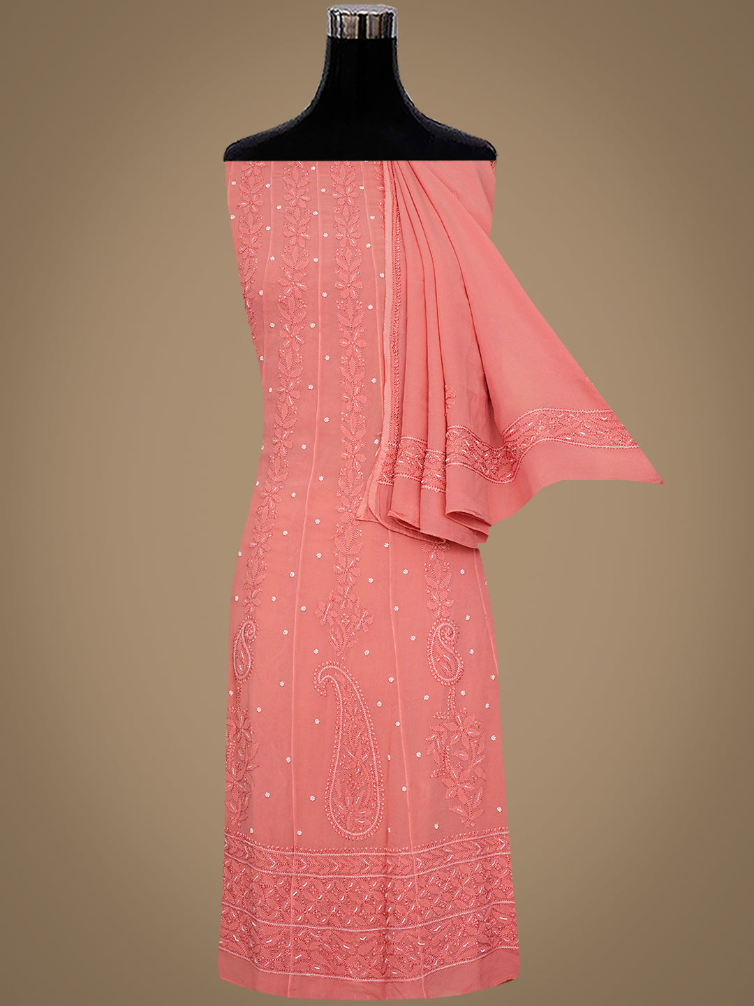 Ada Hand Embroidered Peach Viscose Georgette Lucknowi Chikankari Semi-Stitched Anarkali Kurta Dupatta Set With Pearl & Cutdana Work 01A979744