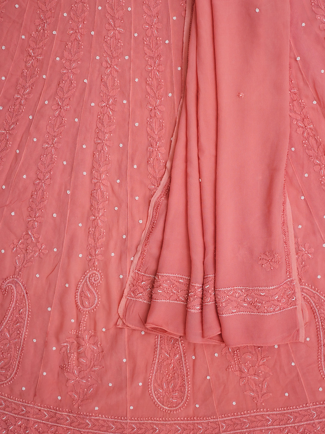 Ada Hand Embroidered Peach Viscose Georgette Lucknowi Chikankari Semi-Stitched Anarkali Kurta Dupatta Set With Pearl & Cutdana Work 01A979744