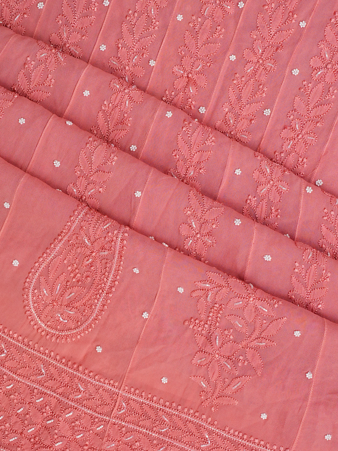 Ada Hand Embroidered Peach Viscose Georgette Lucknowi Chikankari Semi-Stitched Anarkali Kurta Dupatta Set With Pearl & Cutdana Work 01A979744