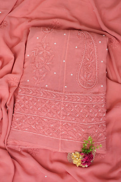 Ada Hand Embroidered Peach Viscose Georgette Lucknowi Chikankari Semi-Stitched Anarkali Kurta Dupatta Set With Pearl & Cutdana Work 01A979744