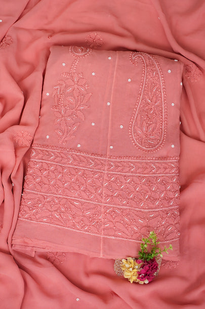 Ada Hand Embroidered Peach Viscose Georgette Lucknowi Chikankari Semi-Stitched Anarkali Kurta Dupatta Set With Pearl & Cutdana Work 01A979744