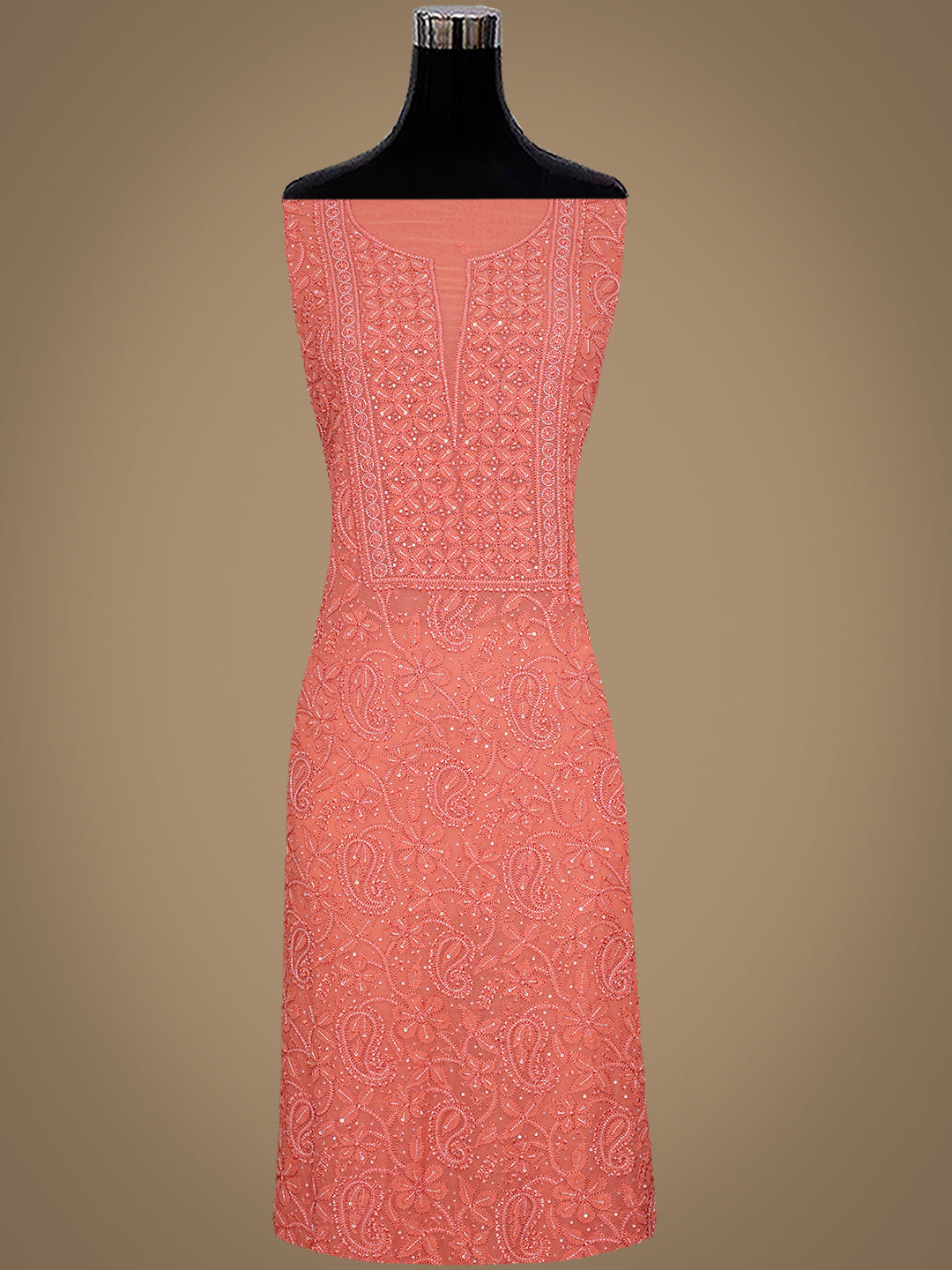 Ada Hand Embroidered Peach Viscose Georgette Lucknowi Chikankari Unstitched Kurta Dupatta Set With Cutdana Work 01A984094