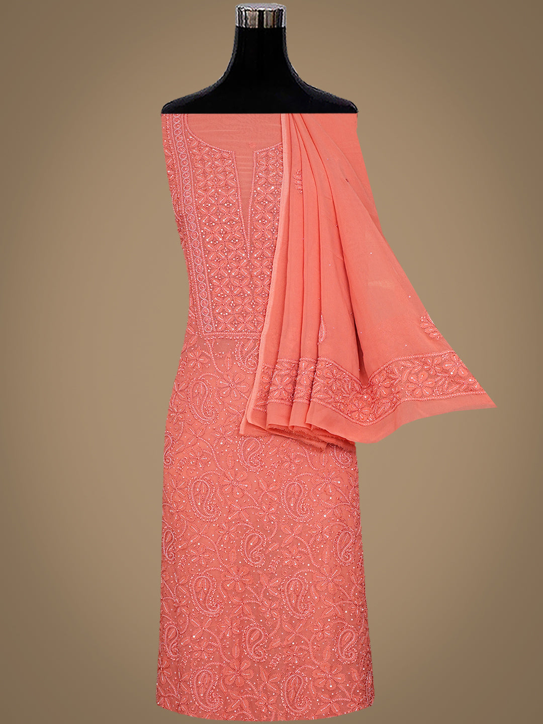 Ada Hand Embroidered Peach Viscose Georgette Lucknowi Chikankari Unstitched Kurta Dupatta Set With Cutdana Work 01A984094