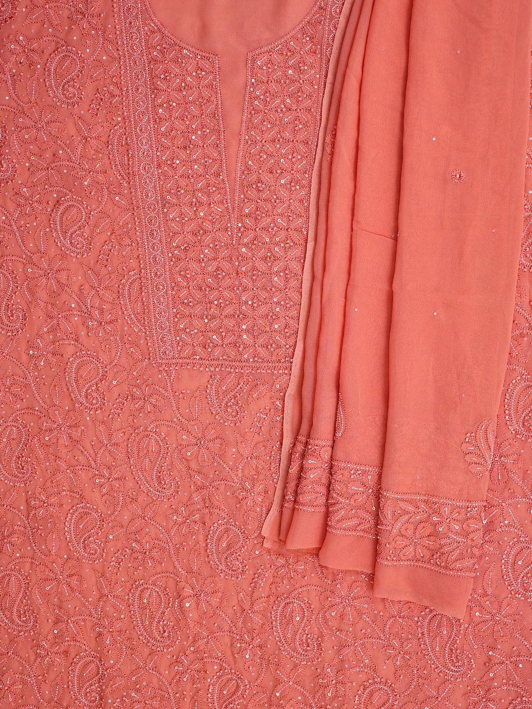Ada Hand Embroidered Peach Viscose Georgette Lucknowi Chikankari Unstitched Kurta Dupatta Set With Cutdana Work 01A984094