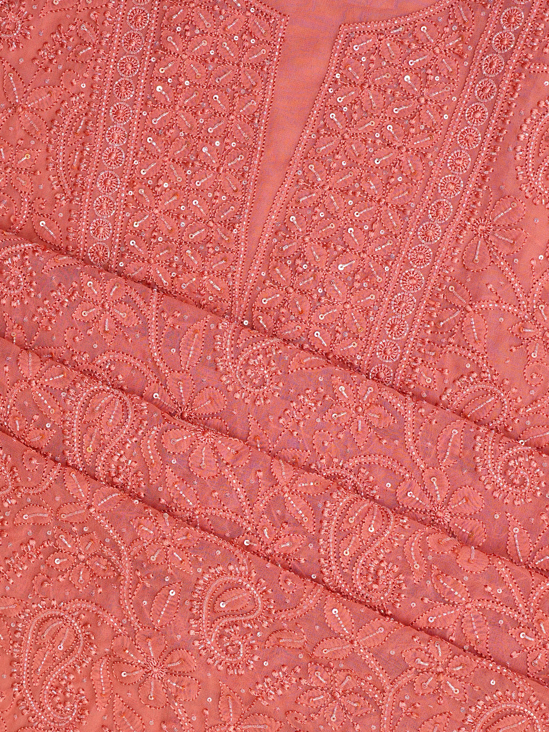 Ada Hand Embroidered Peach Viscose Georgette Lucknowi Chikankari Unstitched Kurta Dupatta Set With Cutdana Work 01A984094