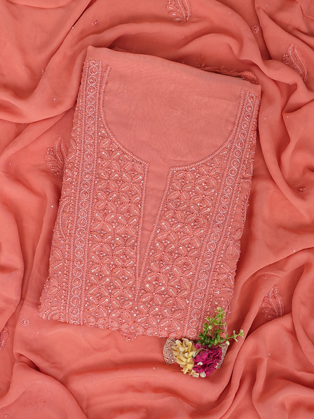 Ada Hand Embroidered Peach Viscose Georgette Lucknowi Chikankari Unstitched Kurta Dupatta Set With Cutdana Work 01A984094