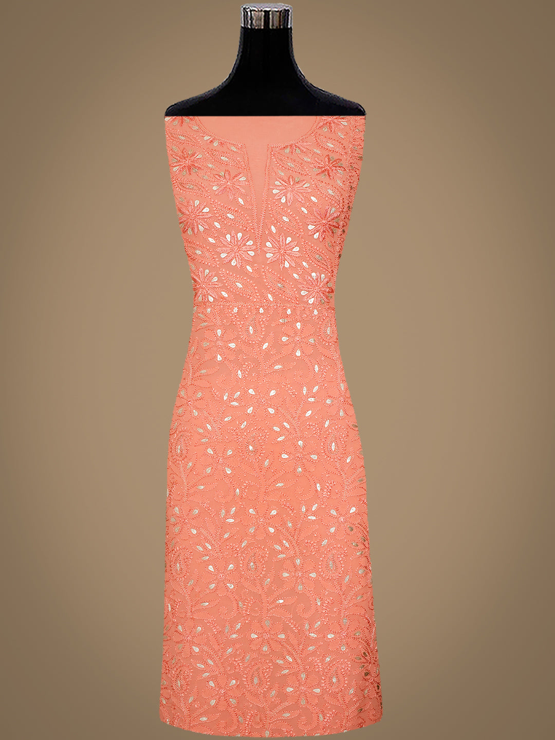Peach Viscose Georgette Lucknowi Chikankari Kurta Set With Elegant Gota Patti Work