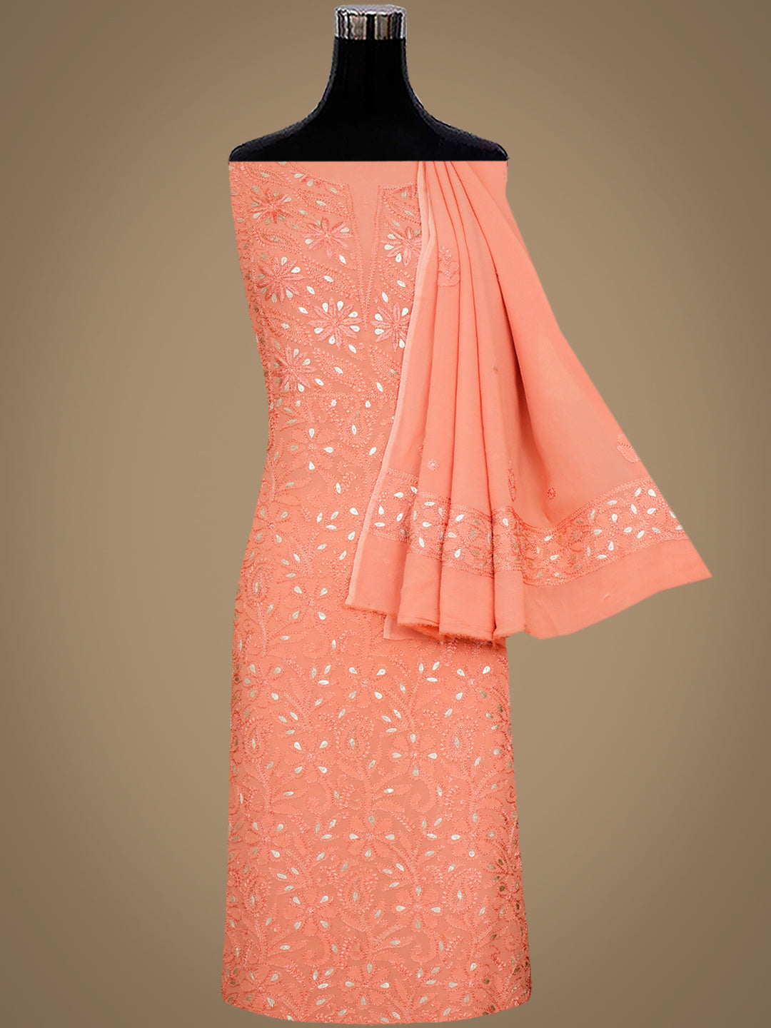 Hand Embroidered Peach Chikankari Kurta Dupatta Set With Gota Patti Work Close-Up