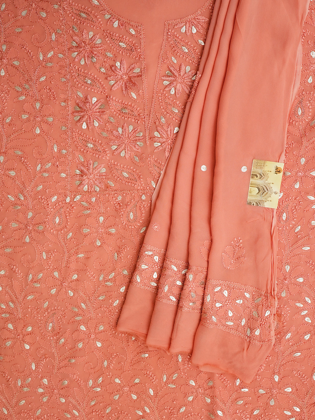 Detailed Gota Patti Work And Lucknowi Chikankari Embroidery On Peach Fabric