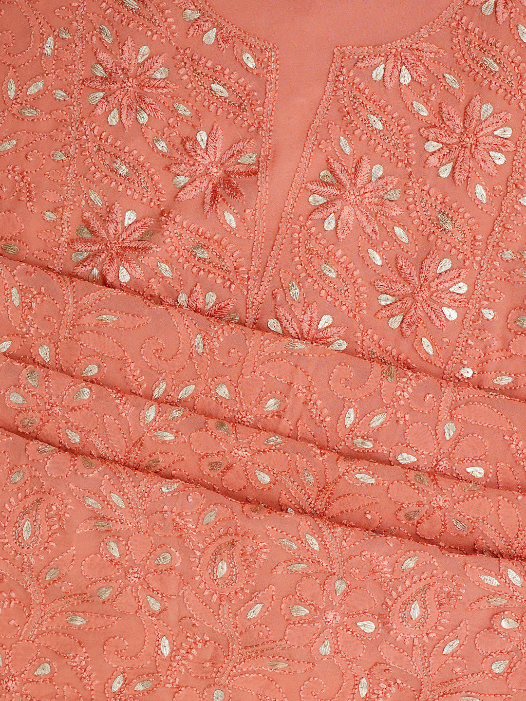 Premium Peach Viscose Georgette Kurta Dupatta Set For Festive Wear