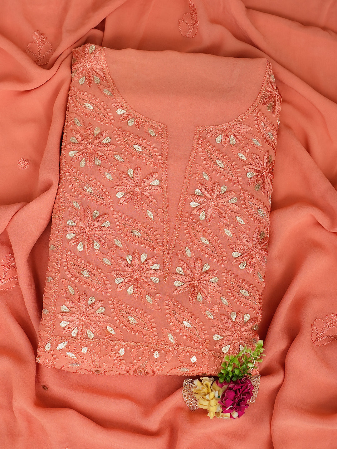 Traditional Peach Lucknowi Chikankari Unstitched Kurta Dupatta Set For Women