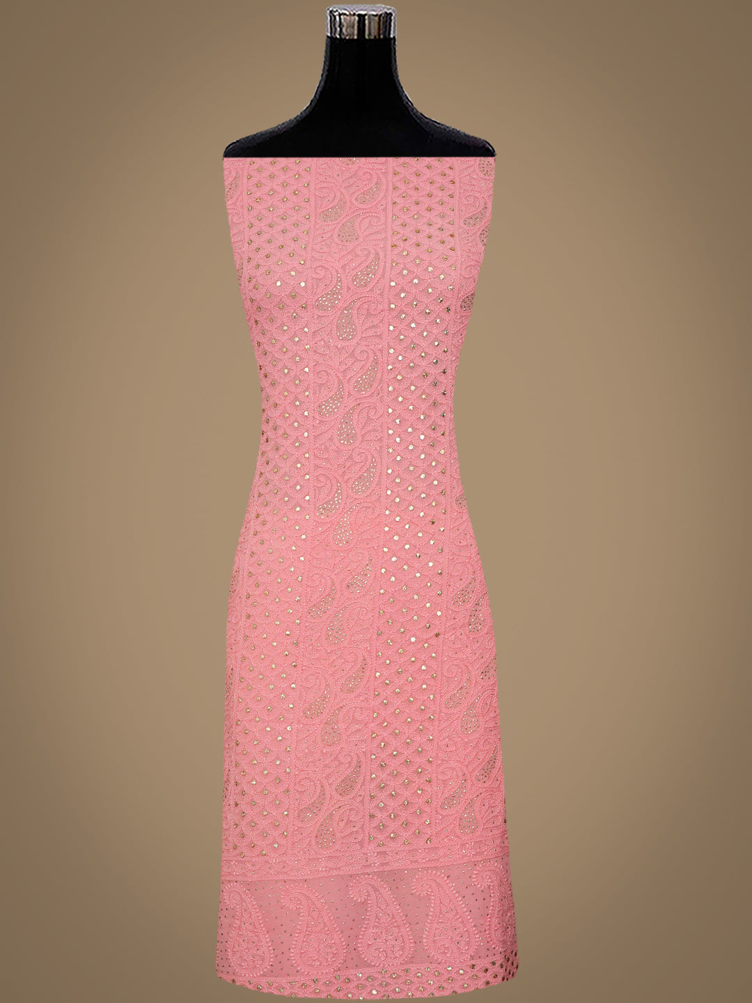Ada Hand Embroidered Peach Viscose Georgette Lucknowi Chikankari Unstitched Kurta Dupatta With Muqasih/Mukaish Work 01A889836
