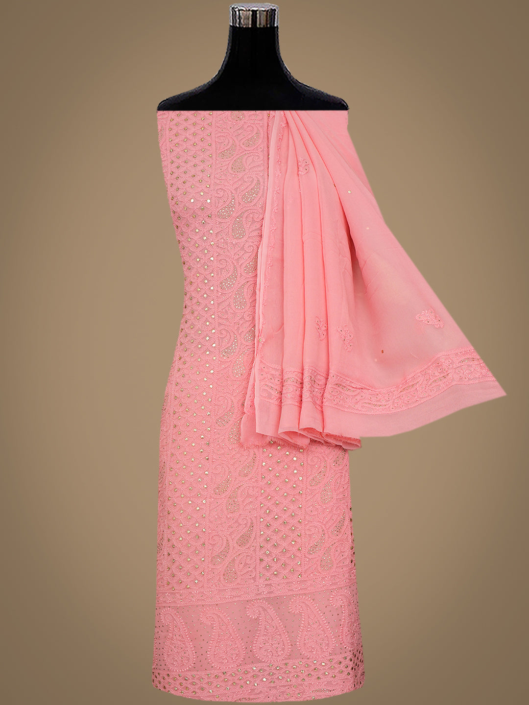 Ada Hand Embroidered Peach Viscose Georgette Lucknowi Chikankari Unstitched Kurta Dupatta With Muqasih/Mukaish Work 01A889836
