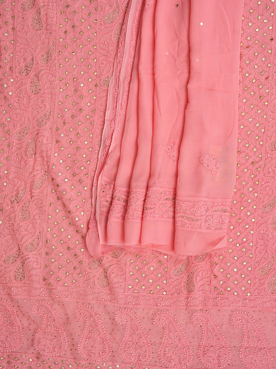Ada Hand Embroidered Peach Viscose Georgette Lucknowi Chikankari Unstitched Kurta Dupatta With Muqasih/Mukaish Work 01A889836